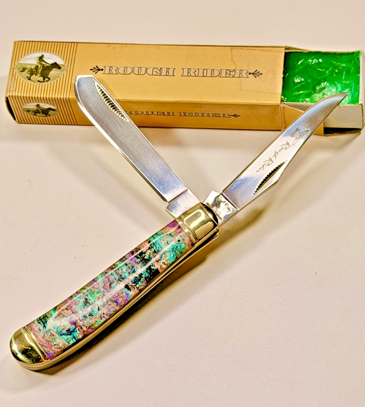 ROUGH RIDER 3.5″ TRAPPER with Faux ABALONE Handles (RR337) — NEW in BOX