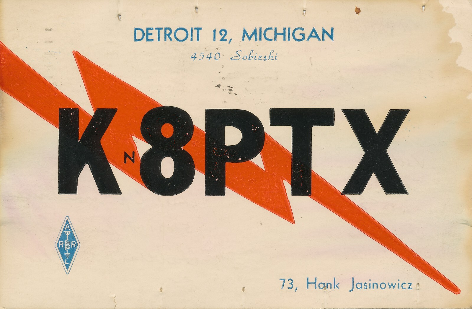 QSL CARD HAM RADIO K8PTX KN8PTX HANK JASINOWICZ DETROIT 12, MICHIGAN YEAR 1959