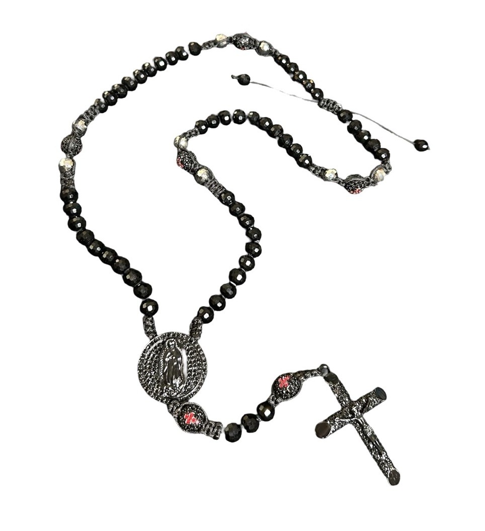 Rhinestones Embellished Mens Rosary Crucifix 21.5” Textured Black Plastic Beads