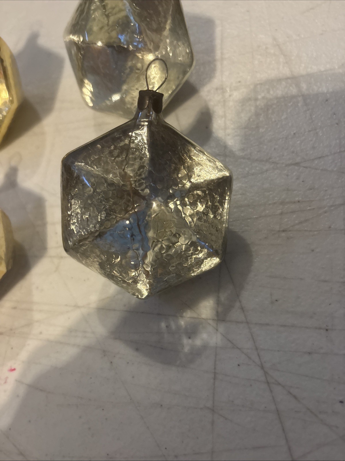 Set of 6 Vtg Ice Glass Geometric Hexagon Russian Christmas Ornaments ~3” Approx