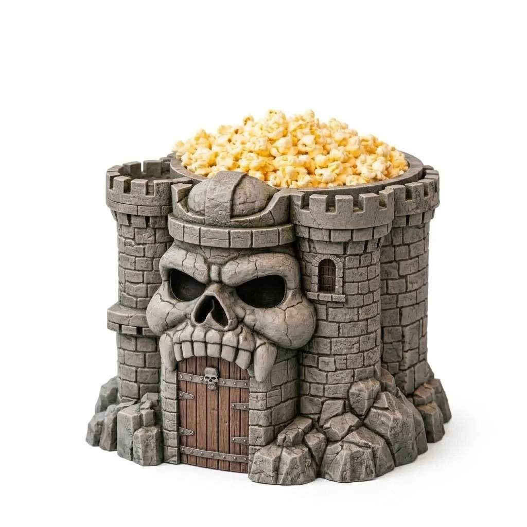 Retro 80s Gray Stone Skull Castle Popcorn Bucket – Epic Fantasy Fortress Snack