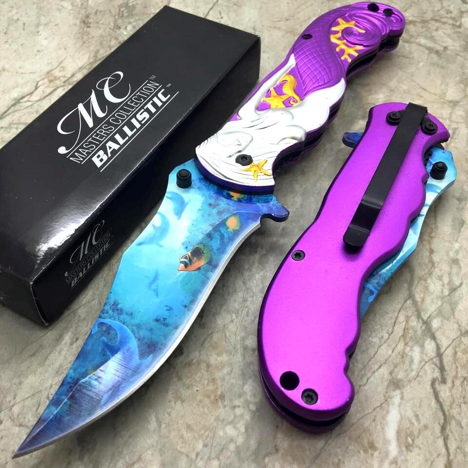 MASTER Collection Fantasy Mermaid Ballistic Spring Assisted Pocket Knife -Purple