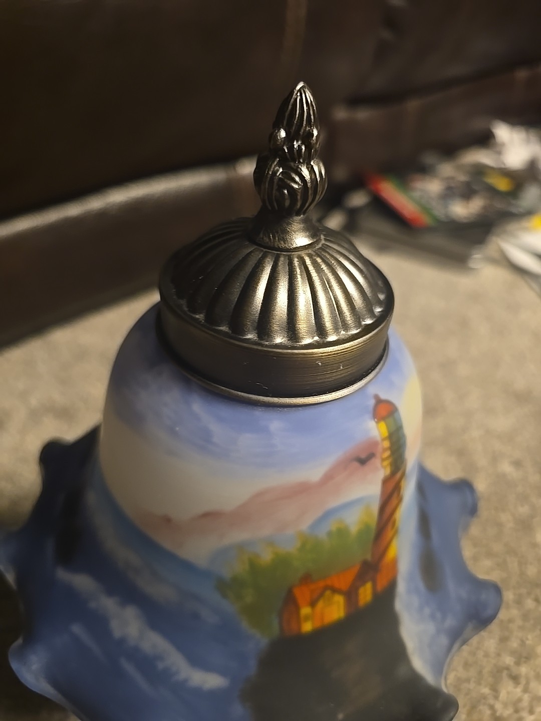 13″ Accent Lamp Light Reverse Painted Glass Shade Nautical Lighthouse