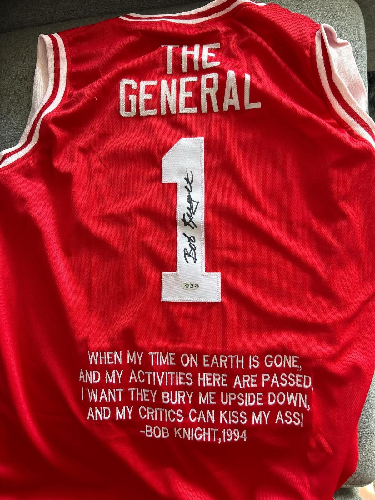 The General Bobby Knight Signed Autographed Indiana Hoosiers Jersey w/ COA