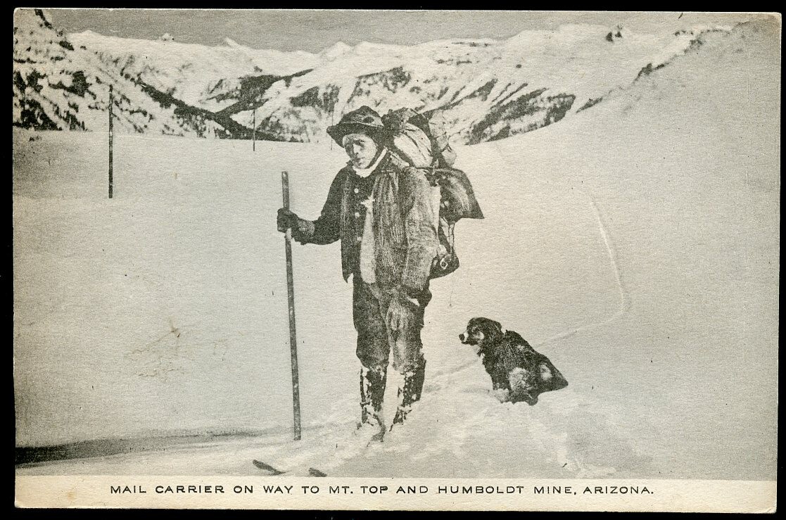 US Mail Carrier on Skis w Dog HUMBOLDT MINE ARIZONA 1910s – On Way To Mt. Top
