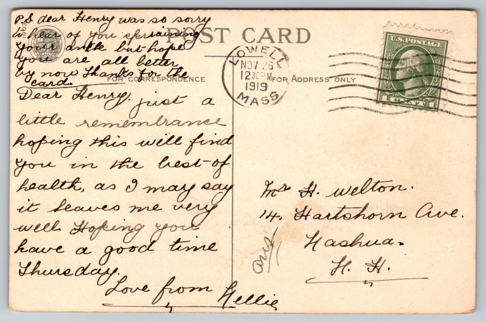 Vintage 1919 Thanksgiving Postcard Lowell Mass to Nashua NH Corn Wishbone Farm