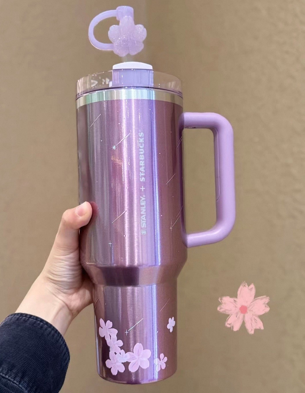 Starbucks 40oz Purple Sakura Insulated Tumbler W/ Flower Straw Topper Travel Mug