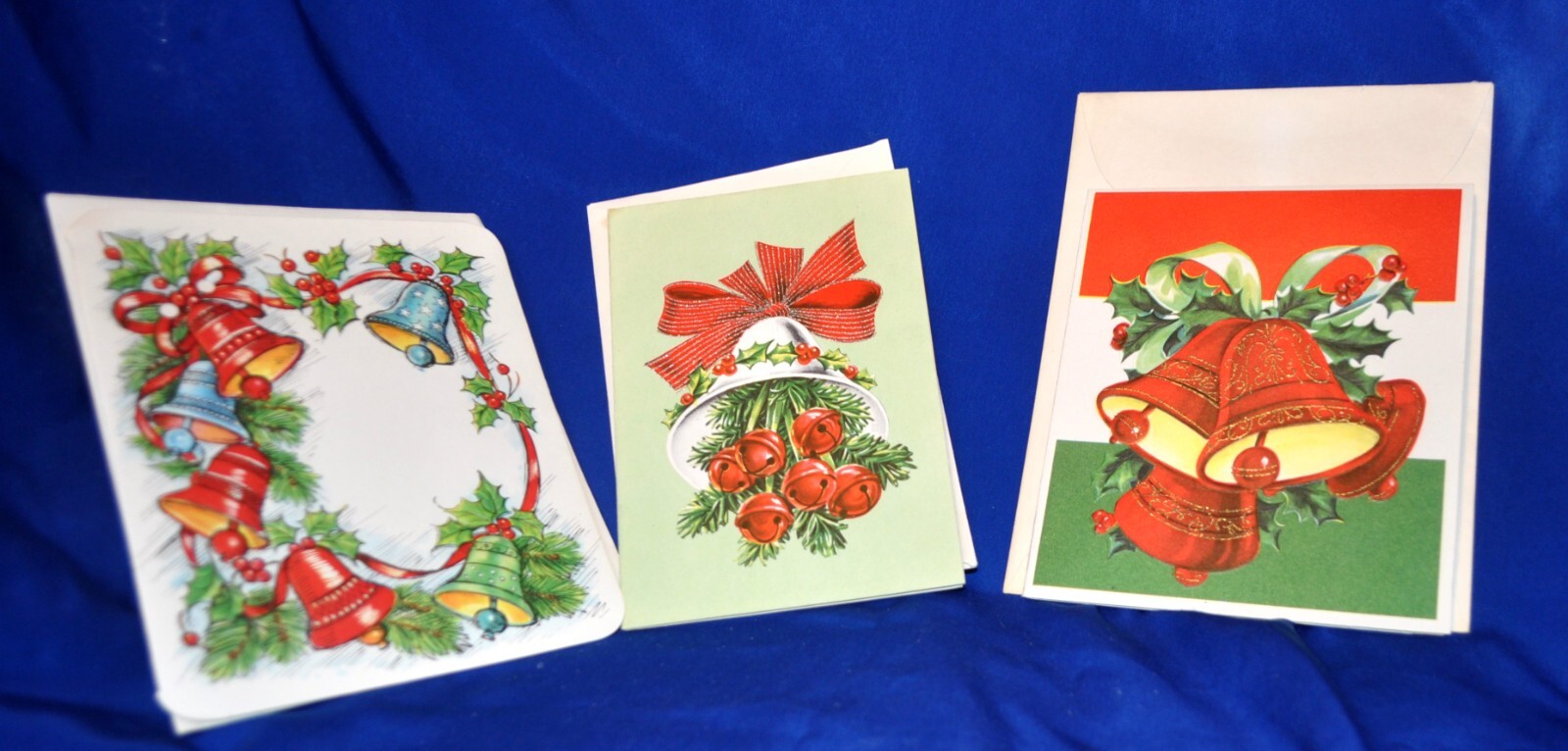 3 UNUSED VTG XMAS GREETING CARDS GLITTER, BELLS, UNUSED W ENVELOPES, NO PRINTING