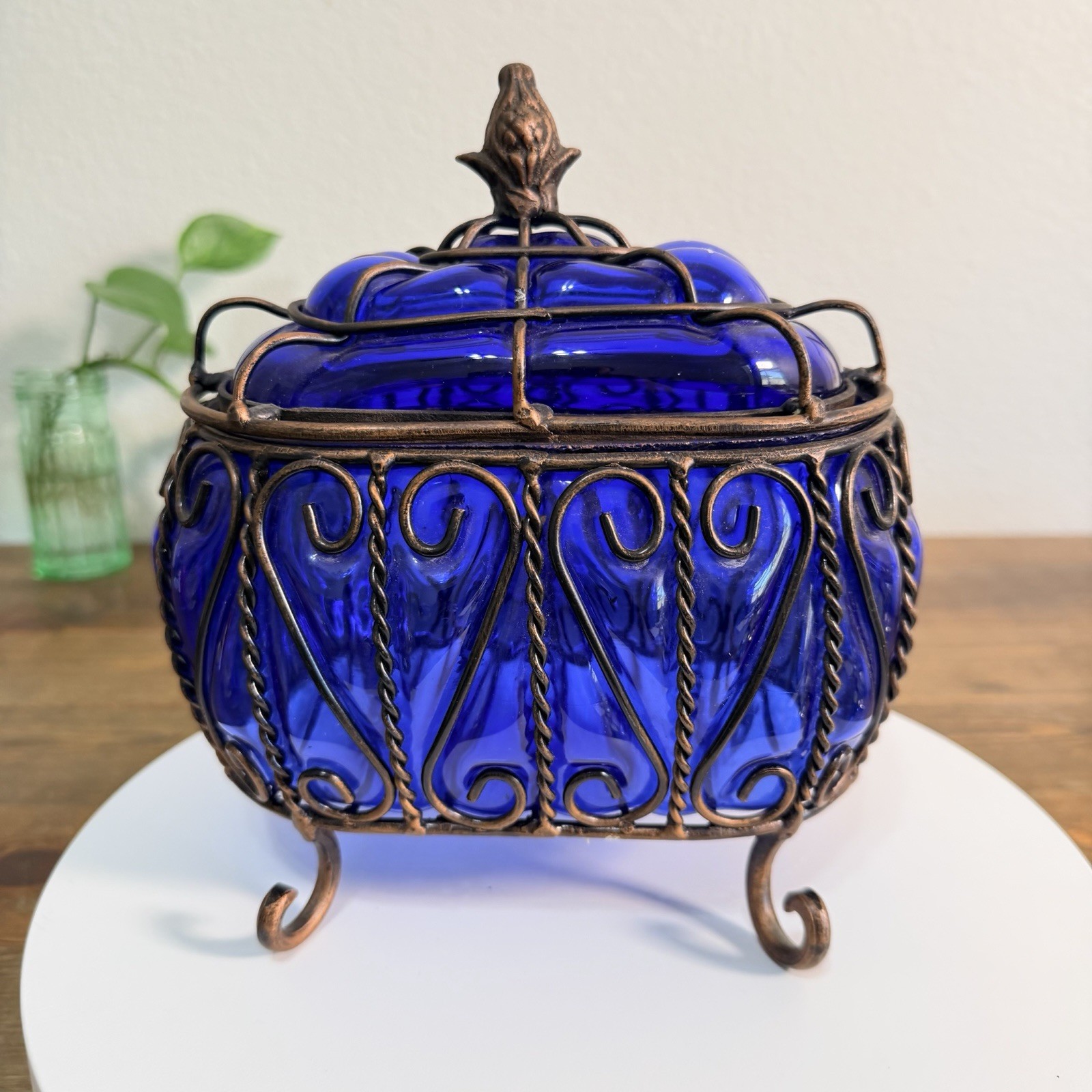 Vintage Cobalt Blue Caged Bubble Glass Lidded Casket / Box ~ Apothecary