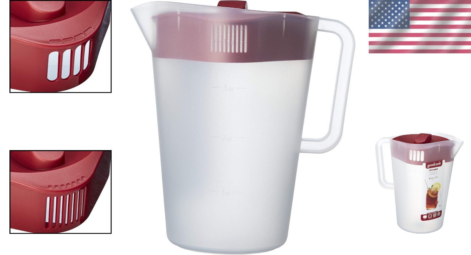 Chic 128 Oz Pitcher with Integrated Pour Spout, Red & Clear Shatter-Proof Design