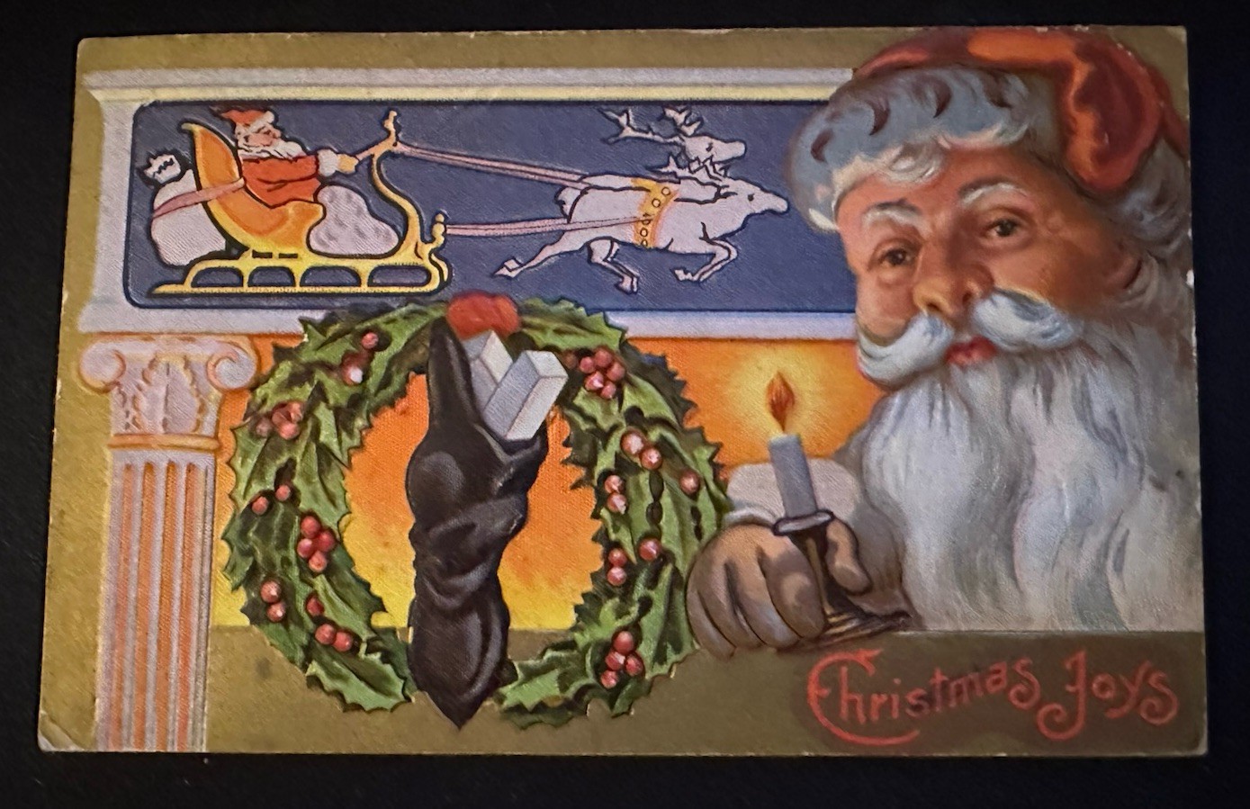 Double~ Santa’s Claus with Candle~Sled Wreath~Antique Christmas Postcard~r581