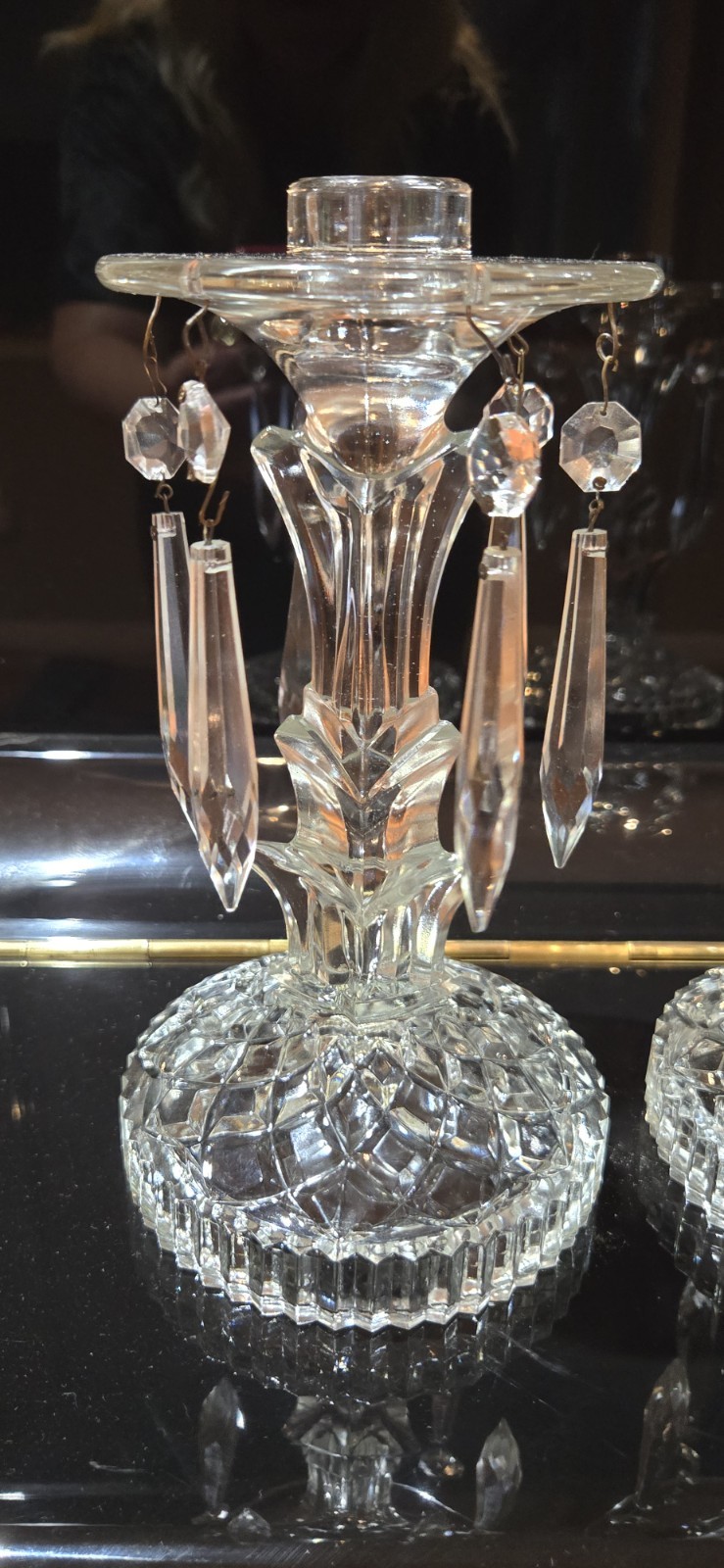 2 ANTIQUE 1920s GLASS CANDLE HOLDER CRYSTAL PRISM LUSTRE SHELL PATTERN ORNATE