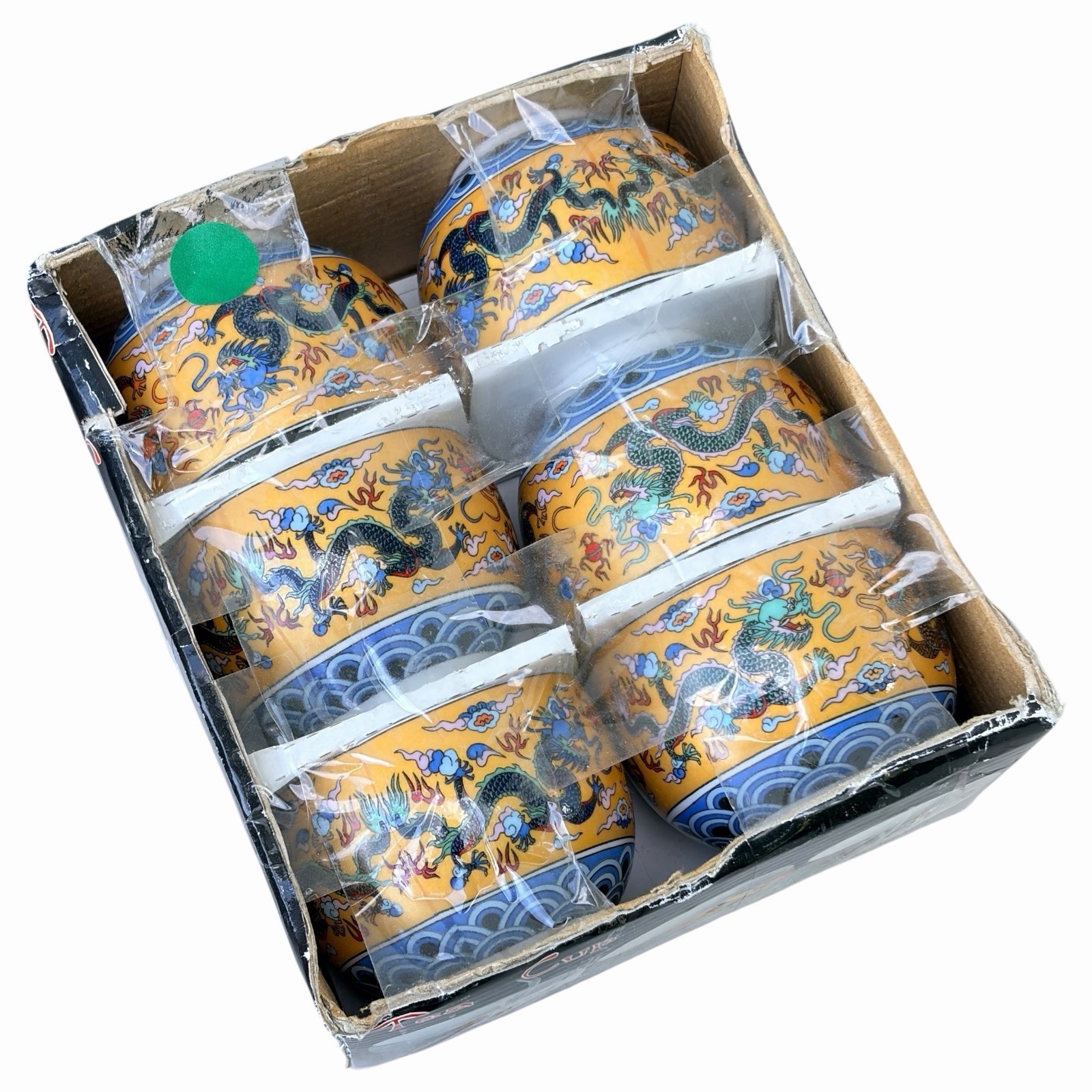 Set of 6 Chinese Dragon Tea Cups Yellow Blue Porcelain Vintage VTG New In Box