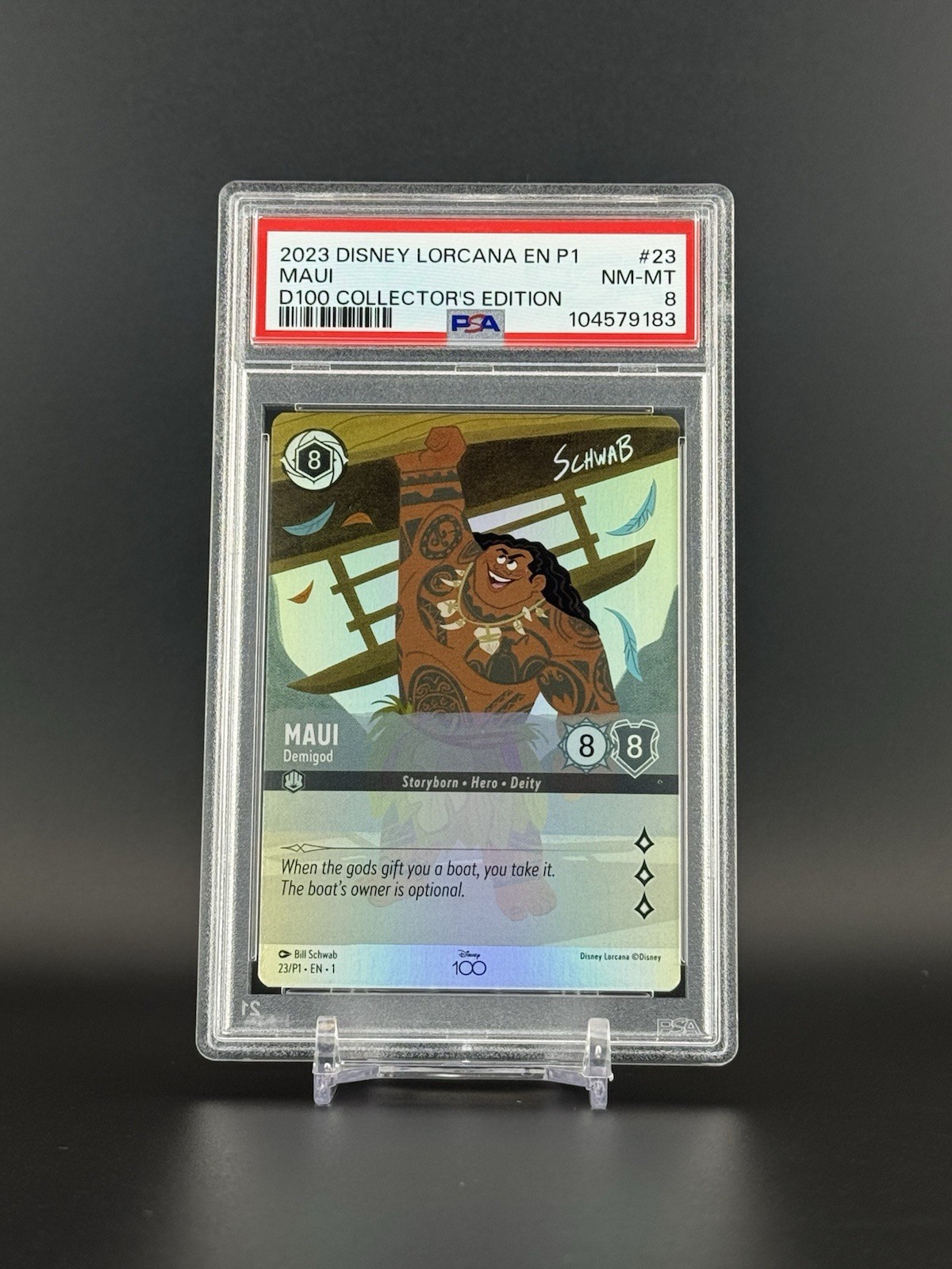 Disney Lorcana Maui Demigod EN P1 D100 Collector’s Addition #23 PSA 8