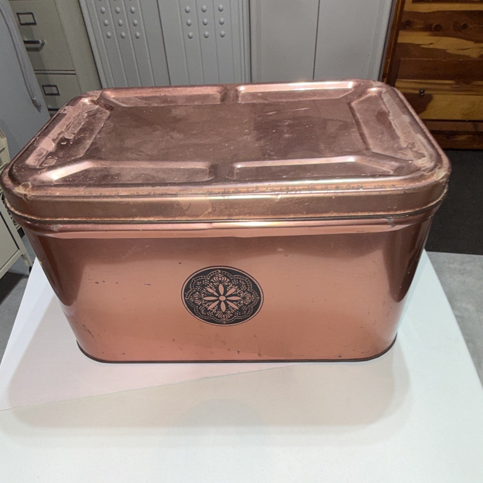 Copper Metal ContainerBread Box with Lid and Decorative Emblem