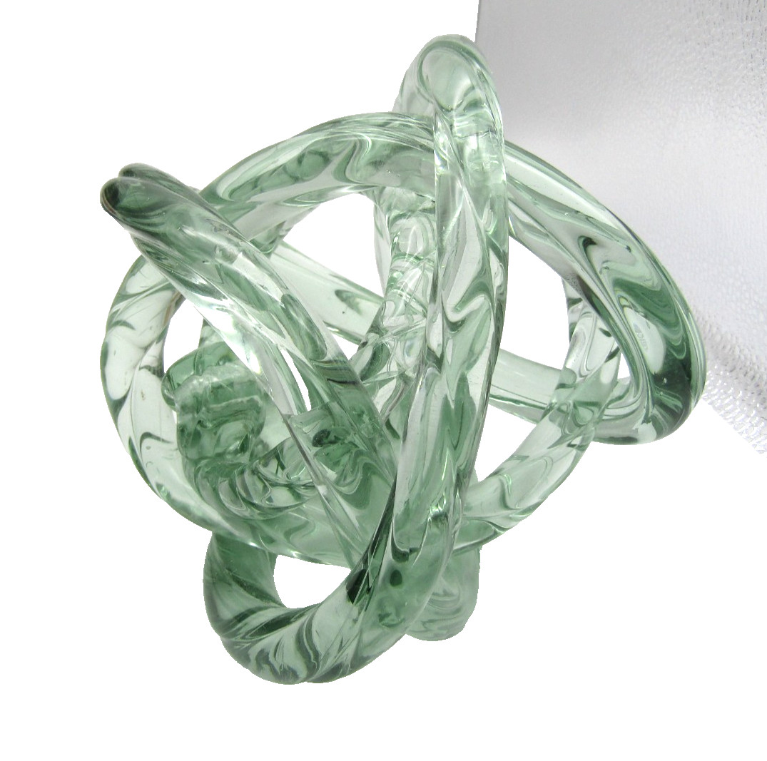 Artisan Art Glass Sculpture Hand Blown Green Clear Twisted Spiral Knot See Desc.