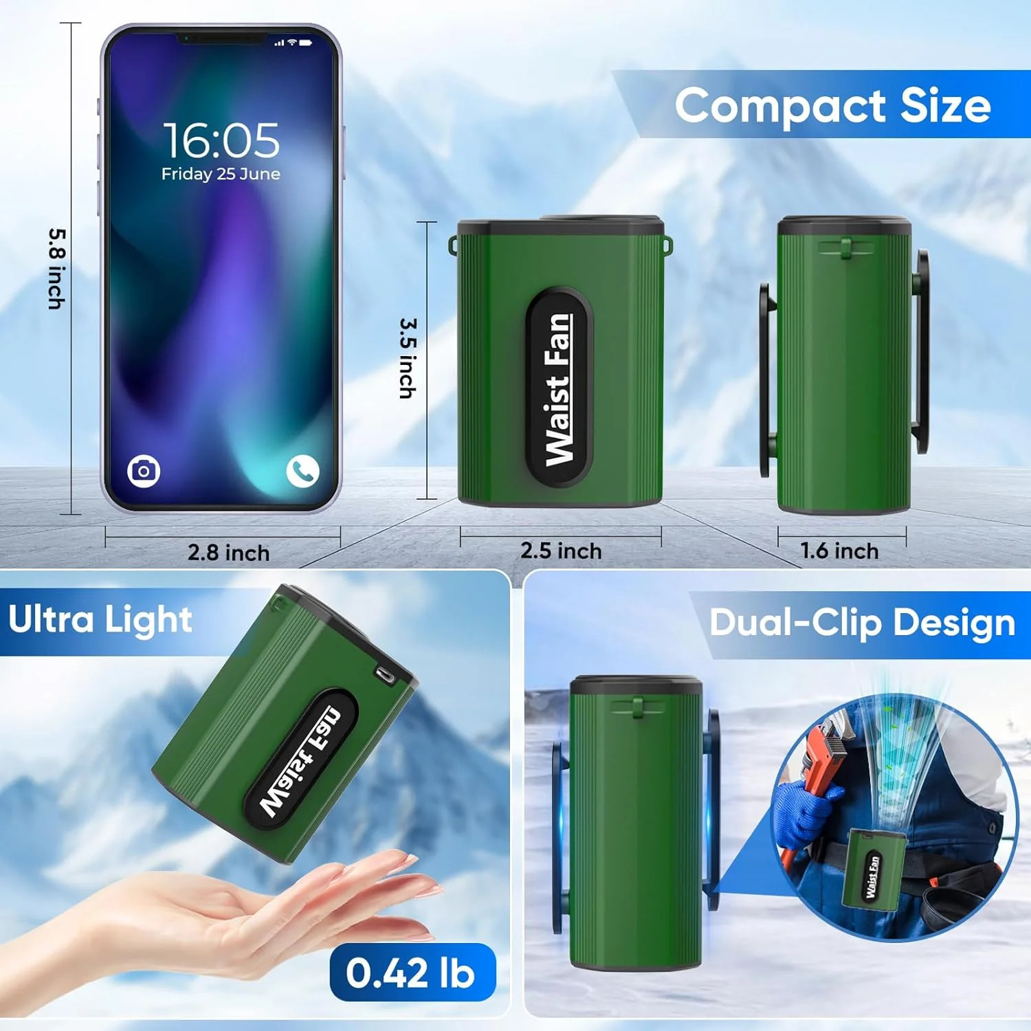 Multper Portable Waist Fan, 4 Speed 18000RPM Strong Airflow, Rechargeable Person