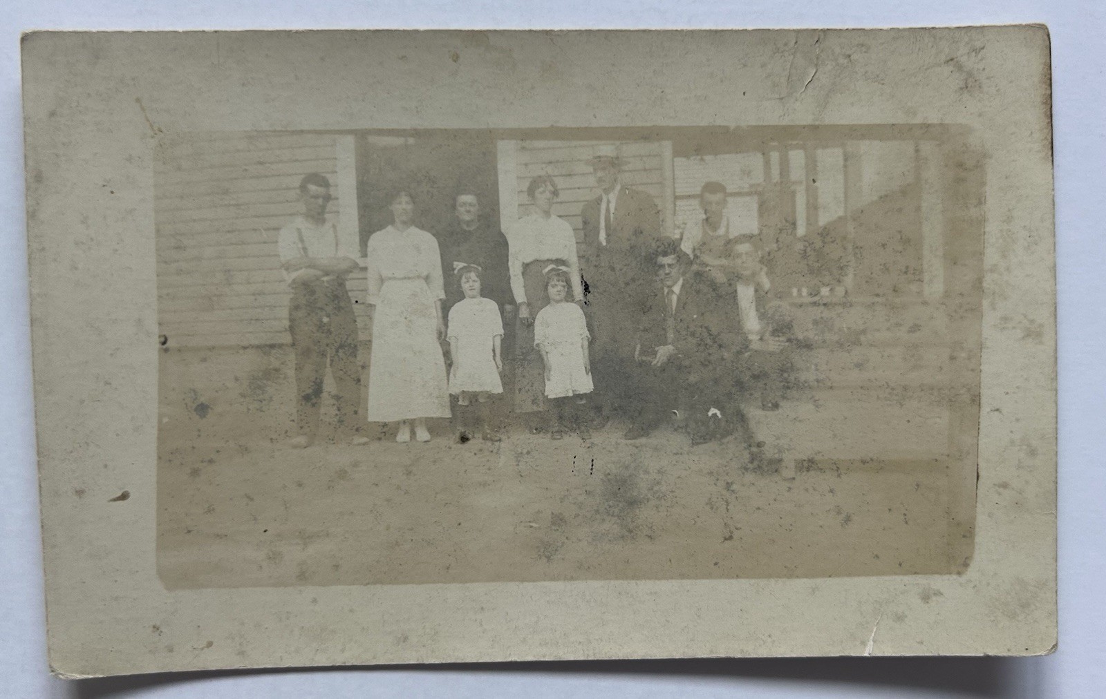 Family Group Outside Farmhouse Porch RPPC Antique Photo Rural Scene C10