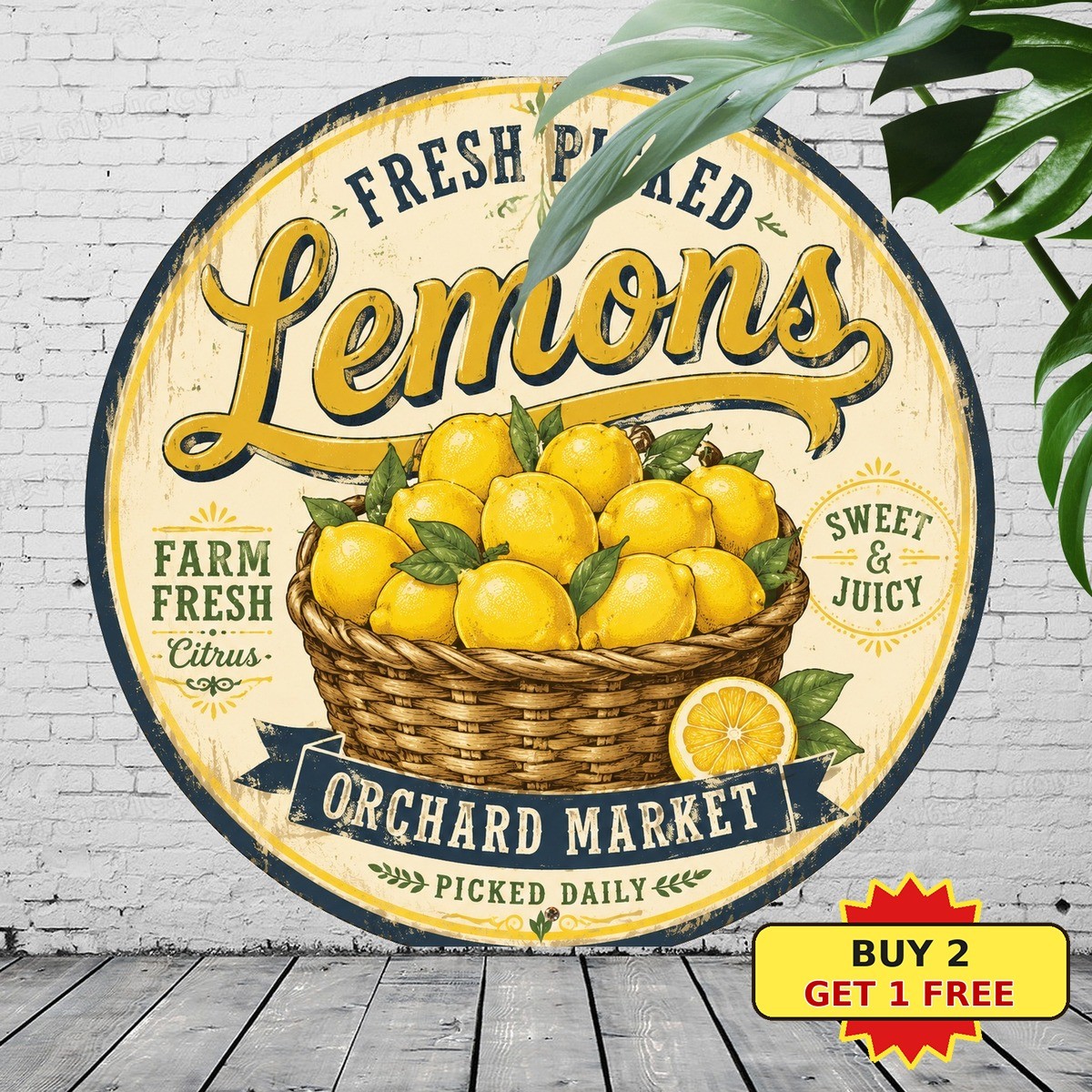 Fresh Lemon Fruit Sign Vintage Yellow Citrus Kitchen Round Metal Plaque 8×8