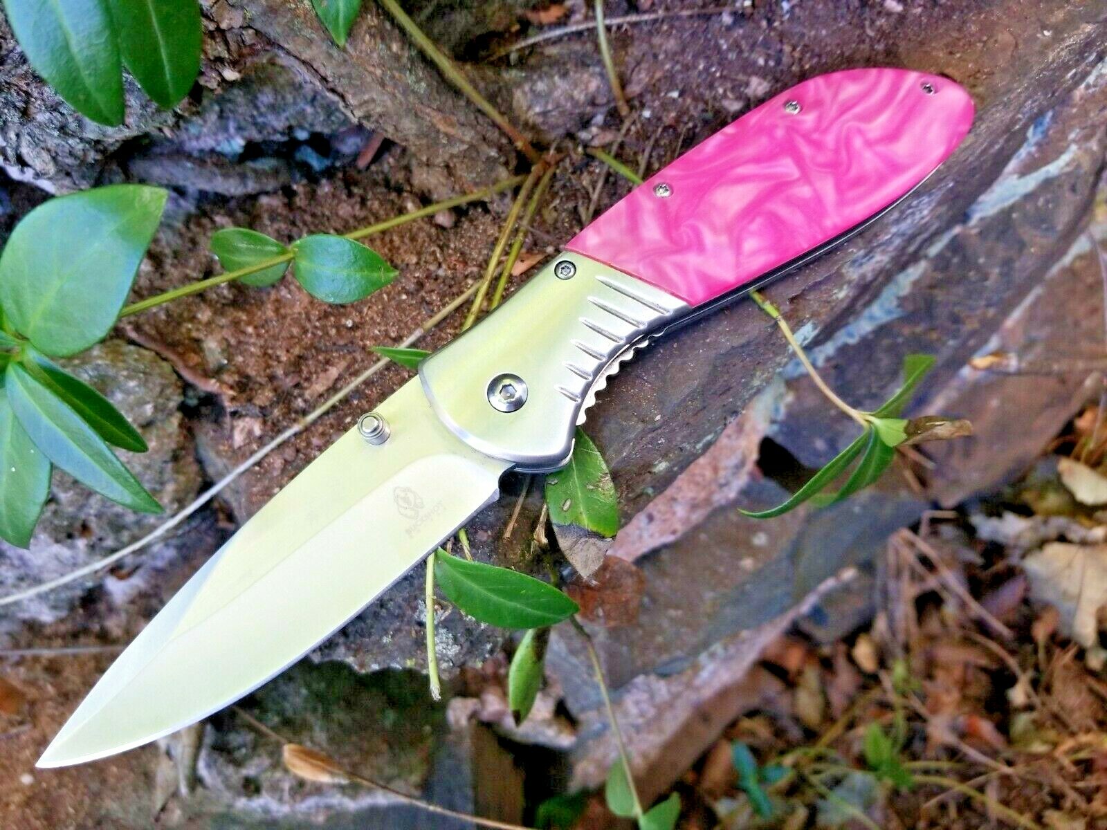 💖 Womens Silver Pink Swirl Thumb Stud Pocket Knife Girls Ladies EDC 3CR13