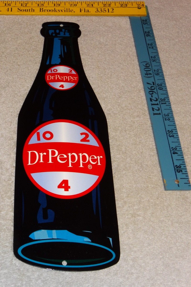 VINTAGE SODA BOTTLE: DR PEPPER 10, 2 & 4 DIE-CUT METAL ENAMEL GASOLINE OIL SIGN!
