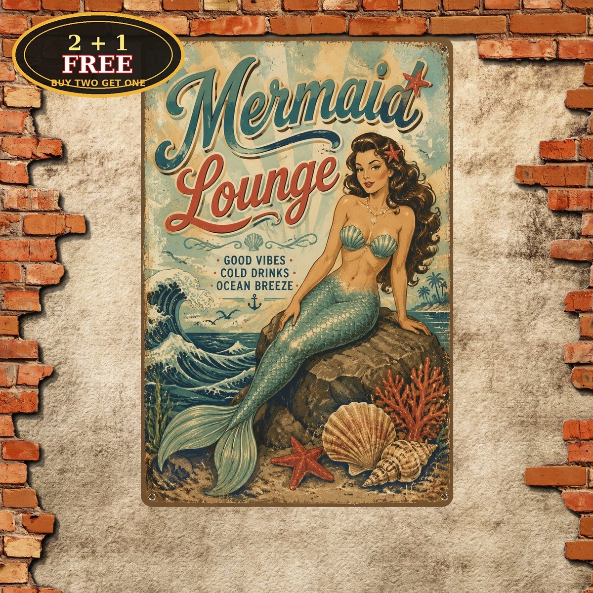 Mermaid Lounge Metallic Finish Cocktail Bar Beach Hut Metal Sign 8×12