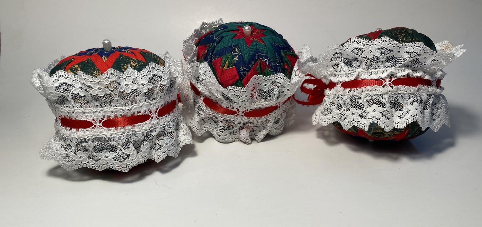 3 Vintage Handmade Folded Star Quilted Patch Red White Christmas Ball Ornament