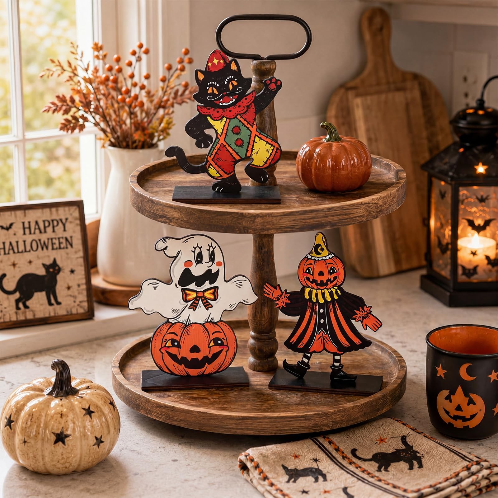 Treory Halloween Table Decorations Indoor: 3pcs Vintage Black, White, Orange