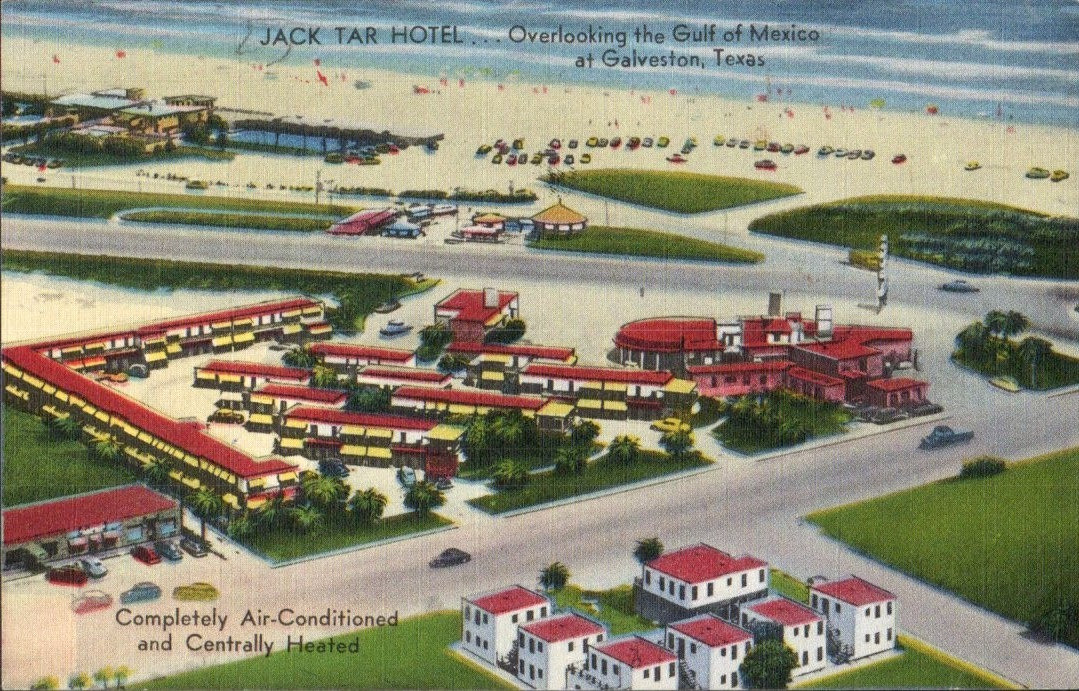 Jack Tar Hotel Galveston Texas TX Aerial View Gulf of Mexico c1930s Postcard
