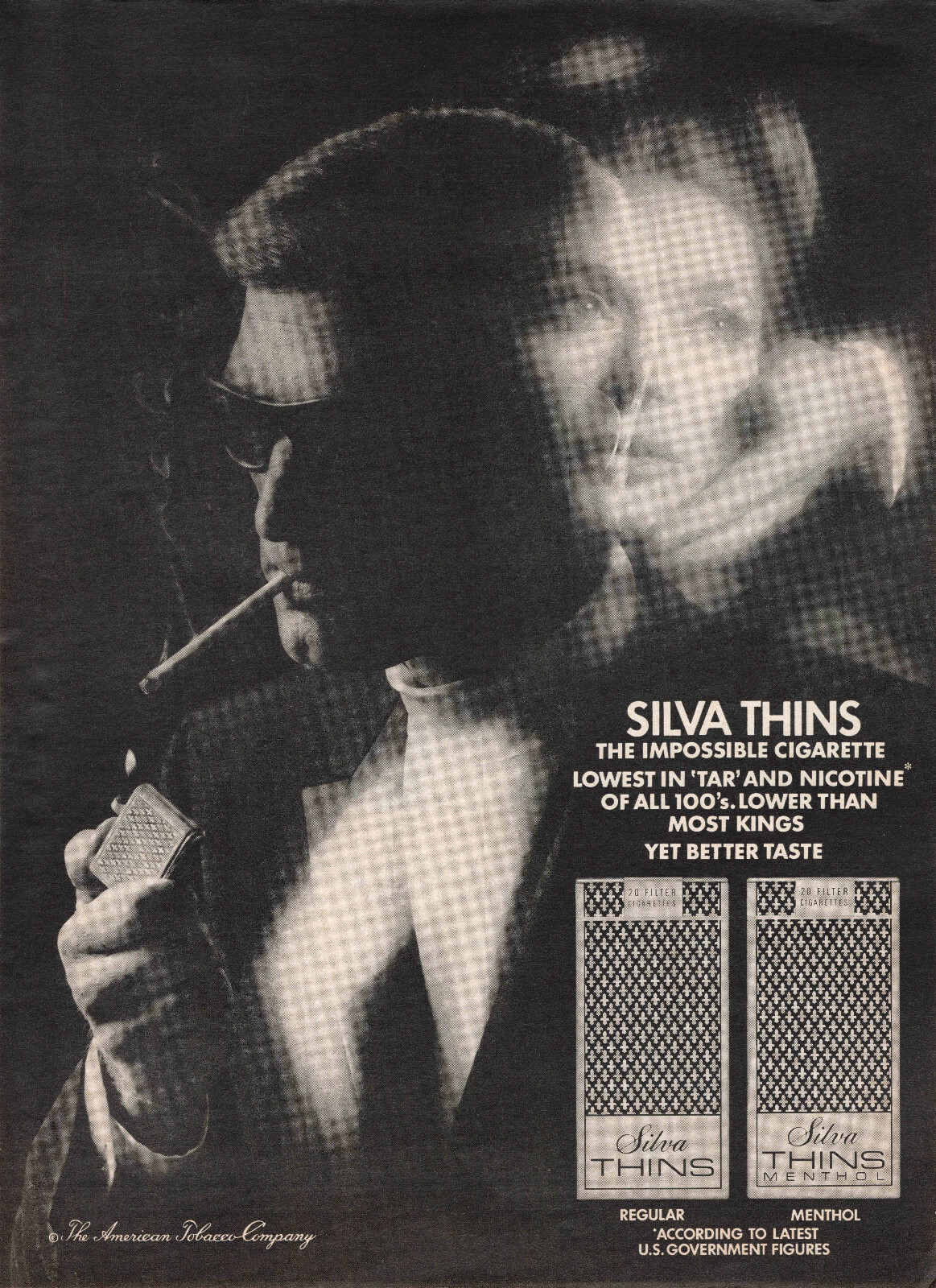 1968 Silva Thins Cigarette Regular Menthols Americna Tobacco Co Vtg Print Ad