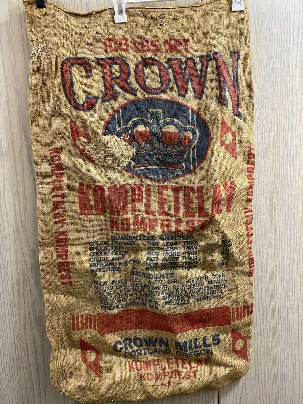 Vintage Burlap Jute Feed Bag Authentic Crown Mills Portland Oregon