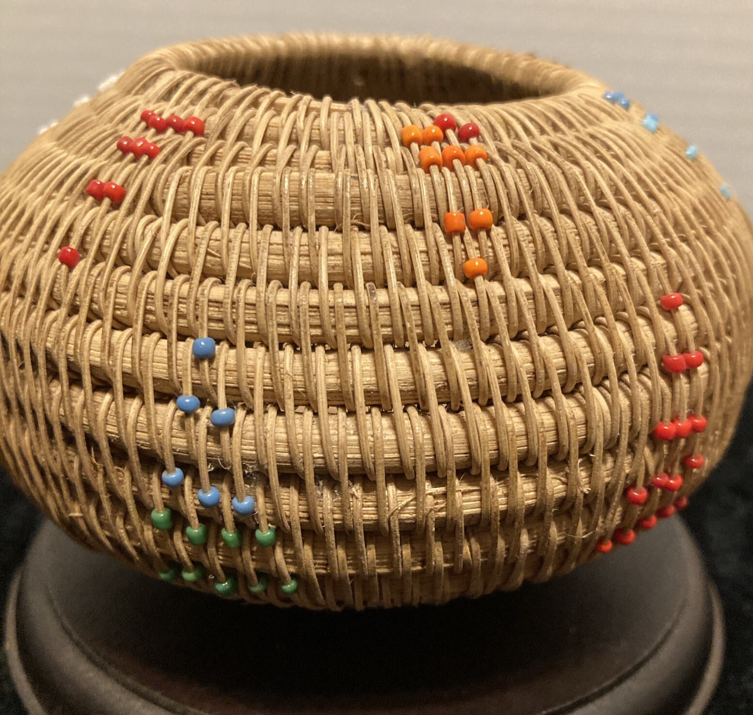 Vintage Coiled Beaded Round Lidded Basket With Seed Beads/Indomesia