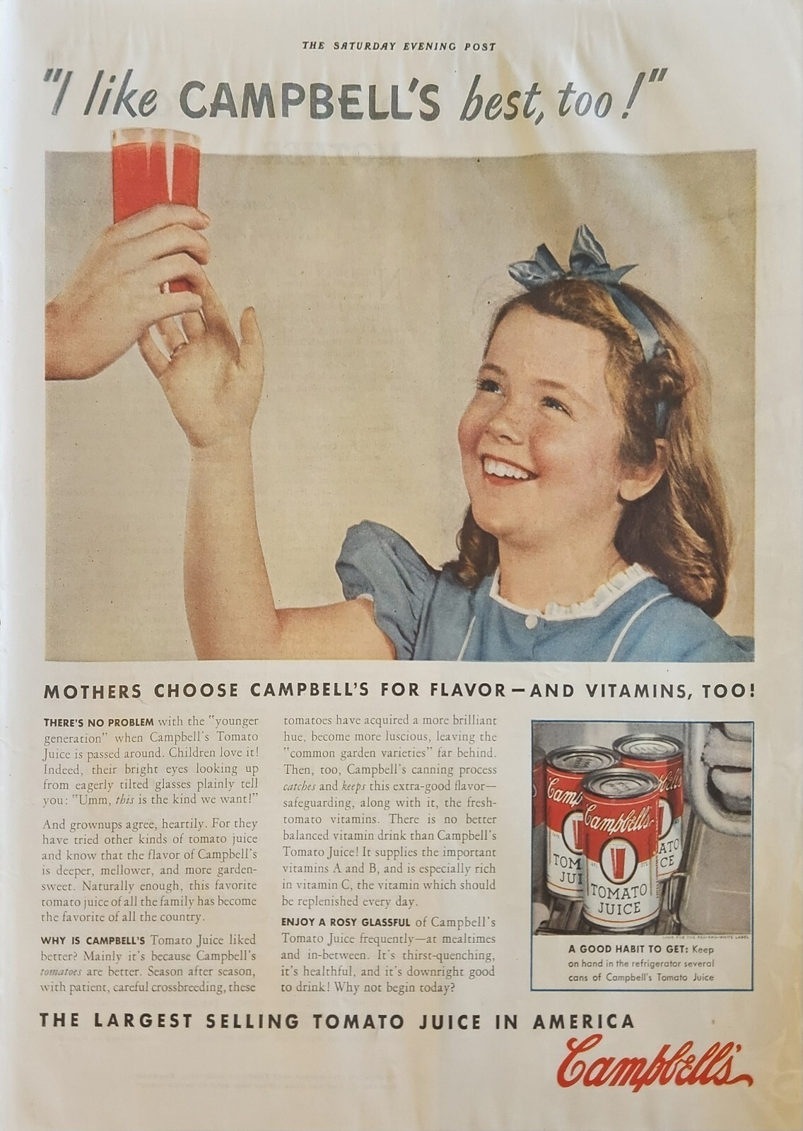 1940 Campbells tomato juice Vintage Ad For flavor and vitamins