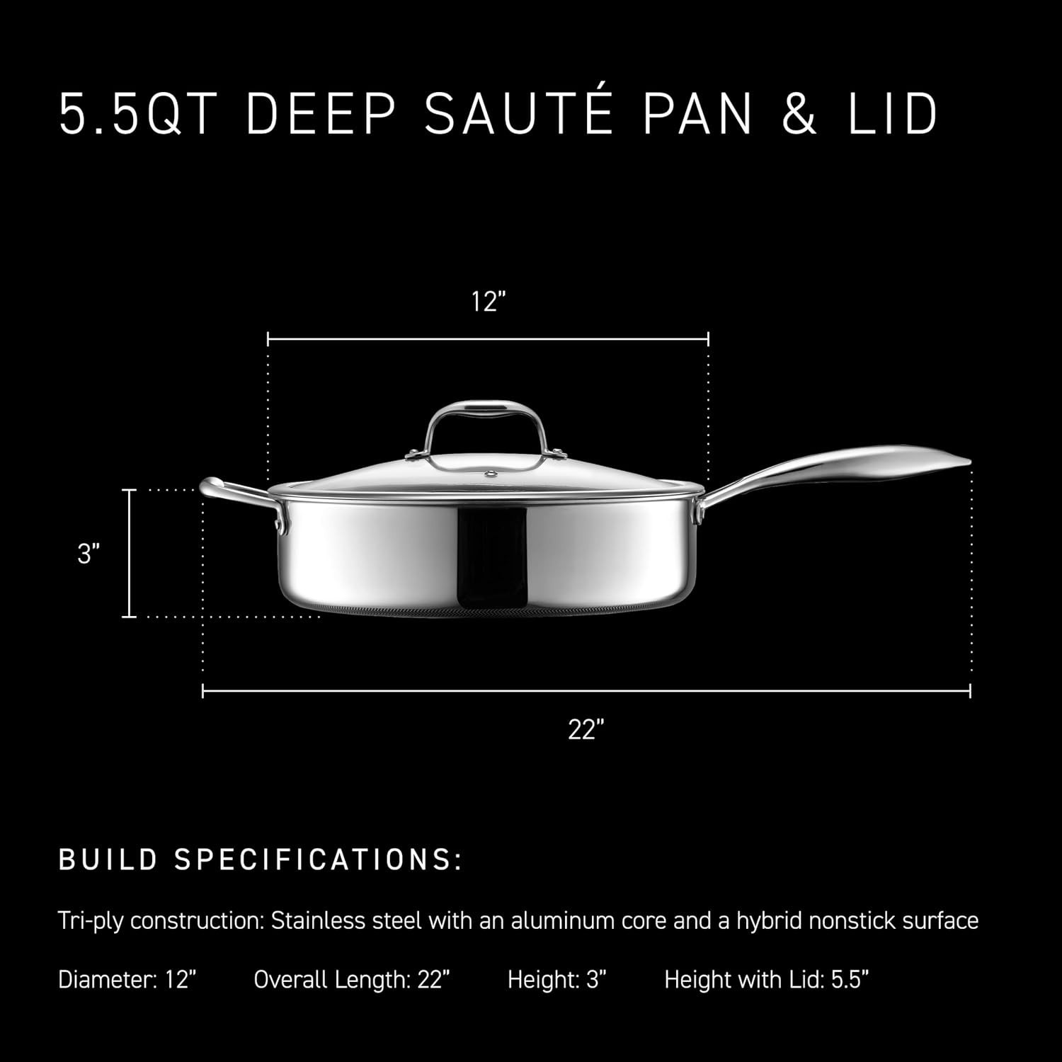 HexClad 5.5 Qt Hybrid Nonstick Deep Sauté Frying Pan & Lid, Induction Ready