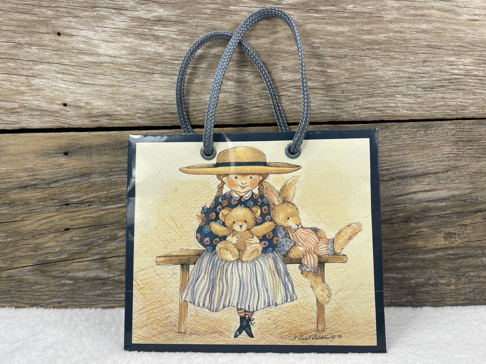 1991 Sherri Buck Baldwin Gift Bag ON THE BENCH Bunny Rabbit Bear 7x6x3 Easter
