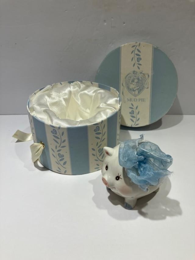 Mud Pie Blue & White Polka Dot Baby’s First Piggy Bank – Original Box – EXC