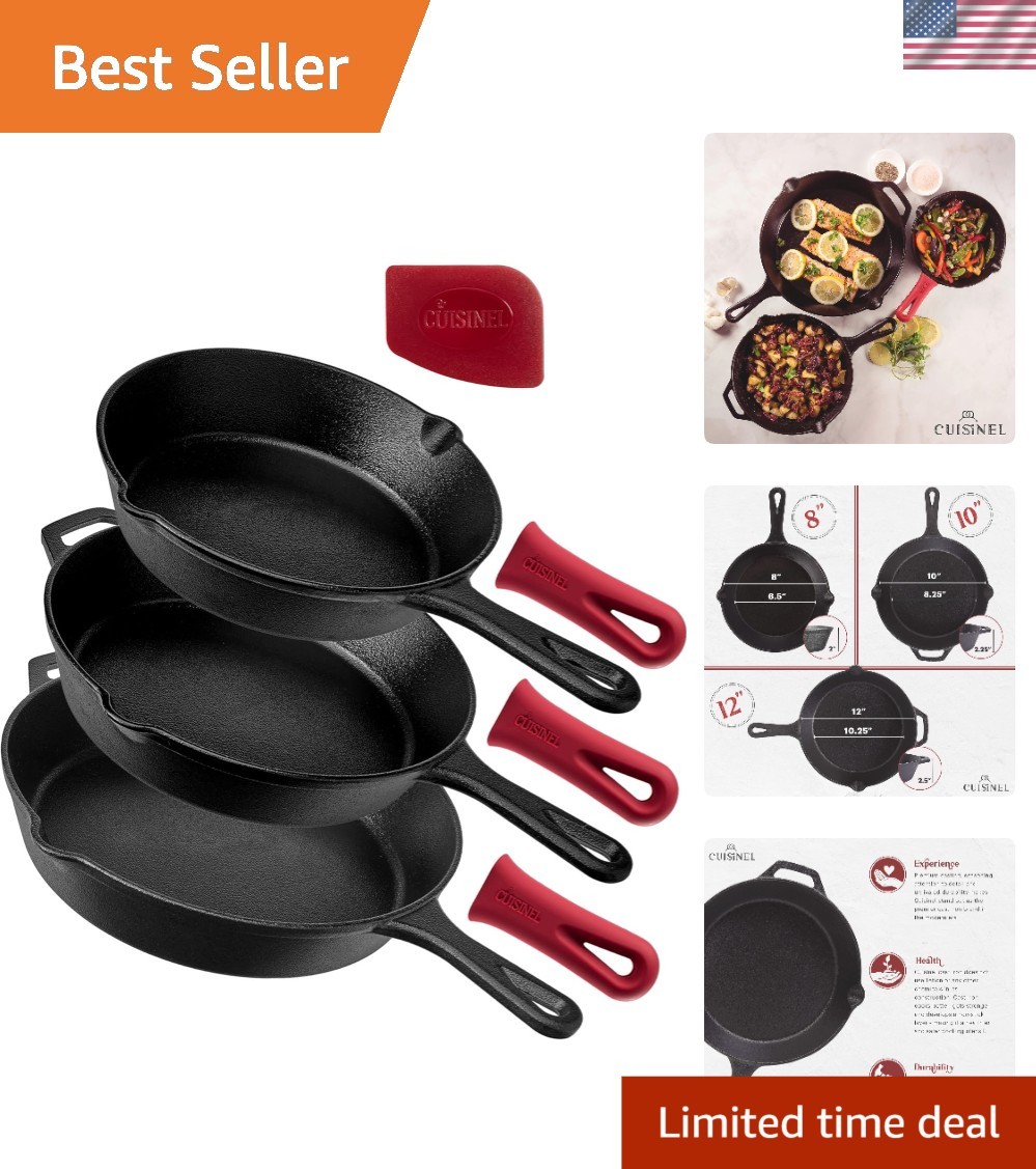 Elegant Cast Iron Skillet Set – 8″, 10″ & 12″ Pre-Seasoned Pans with Silicone…
