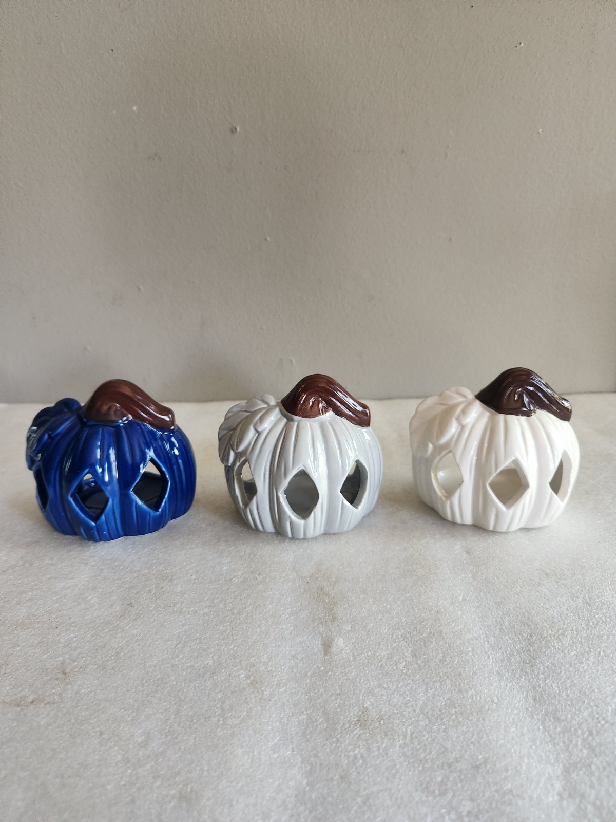 3 Ceramic Pumpkin-Shaped Candle Holders • Blue White Gray 3¼” T 3½” L Halloween