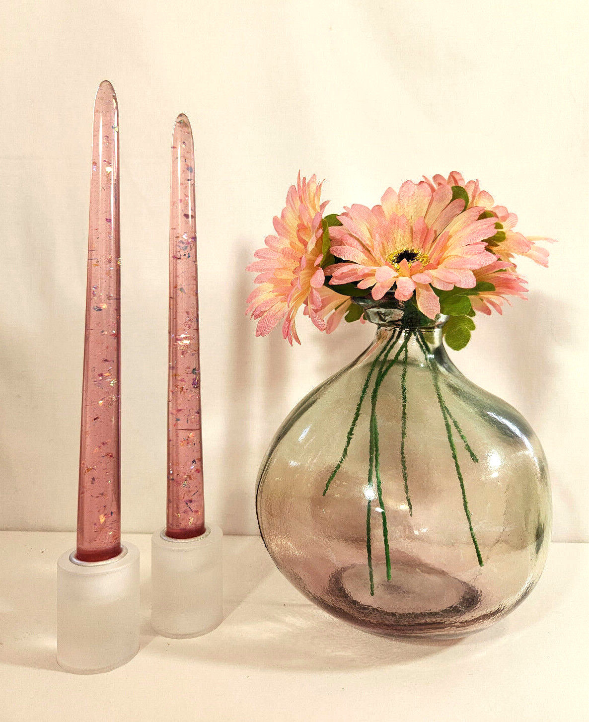 Sheer “Lucite” Candlesticks Flakes 10 inch 6 inch Pair Handmade ASSORTED COLORS