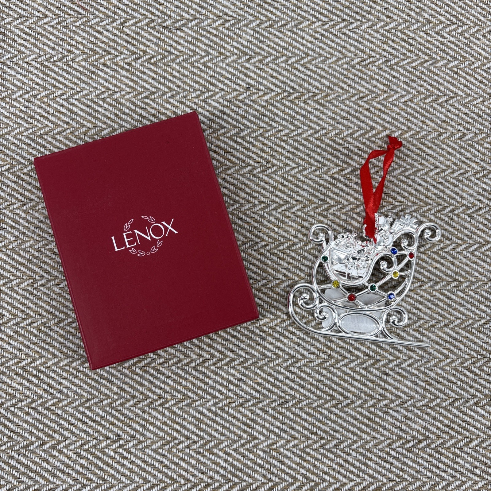 Lenox Sparkle and Scroll Sleigh Christmas Ornament Silver Plated Multicolor Gems