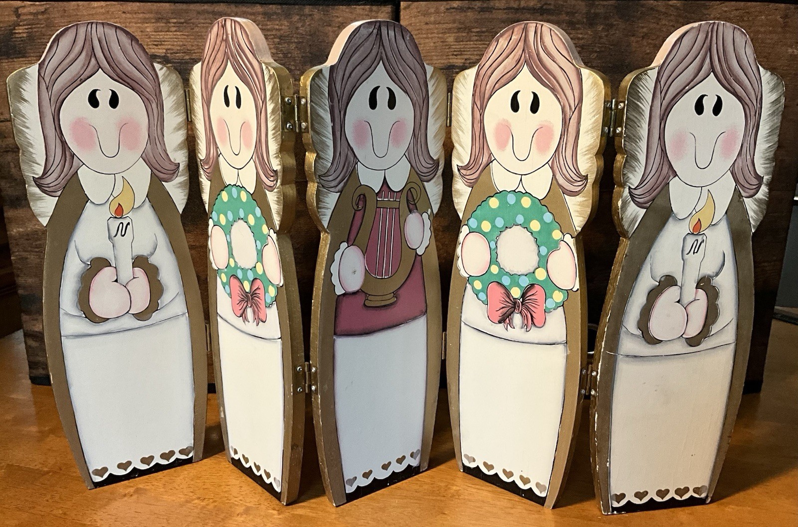 Vtg. Christmas Angels Wooden Mini Screen Holiday Folding 1995 ABC Dist. Folk Art