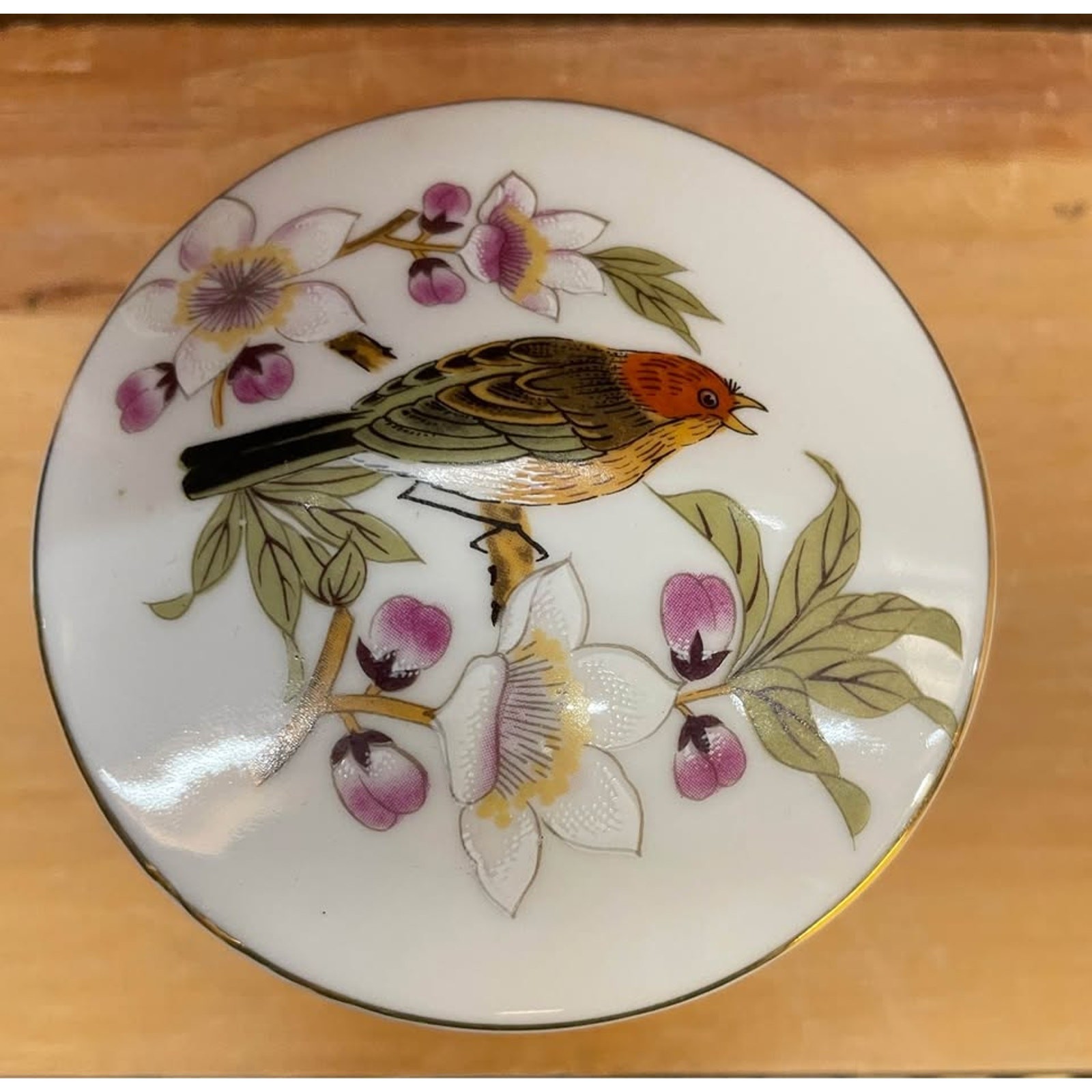 Vintage Shafford Chinese Garden Bird Trinket Box Footed Porcelain Gold Trim