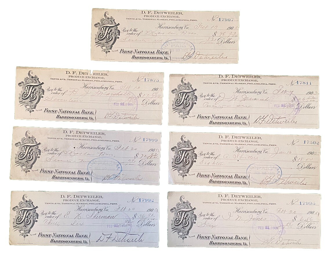 7 D.F. Detweiler Produce Exchange 1st Nat. Bank of Harrisonburg VA 1905 Checks