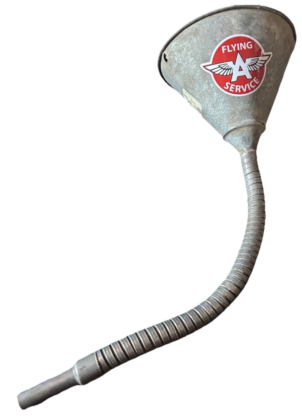 Vtg Galvanized Metal Funnel w/13” Flexible Spout Gas Oil “Flying A Service”