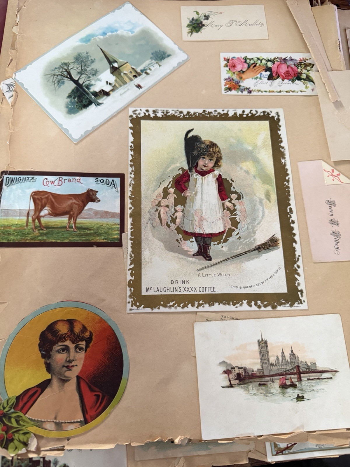 Antique Scrapbook with Victorian Trade Cards Calling Cards Diecuts Cut Papers +