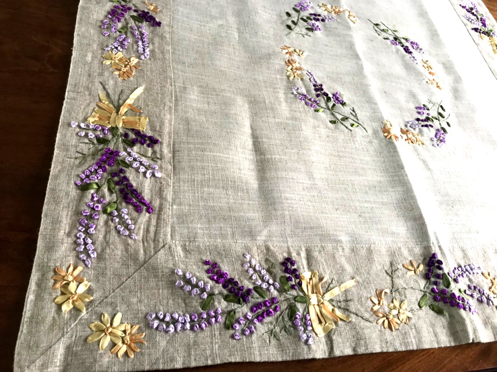 Hand embroidered Ribbon tablecloth Natural Linen Colour Rayon 35×35 inches