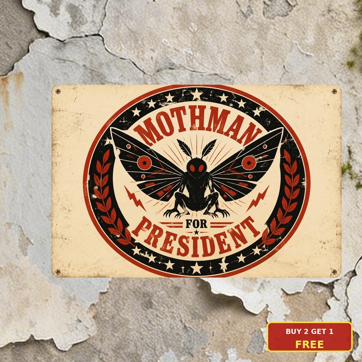 Mothman For President Cryptid Star Leaf Border Humor Metal Sign 8×12