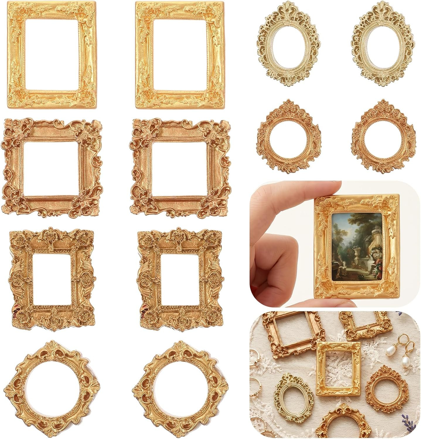 12PCS Vintage Mini Picture Frames, Resin Mini Gold Frames for Crafts, Tiny Antiq