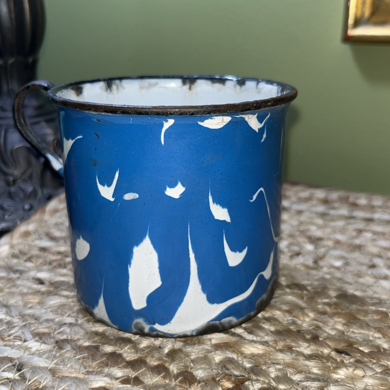Vintage Blue White Enamelware Cup