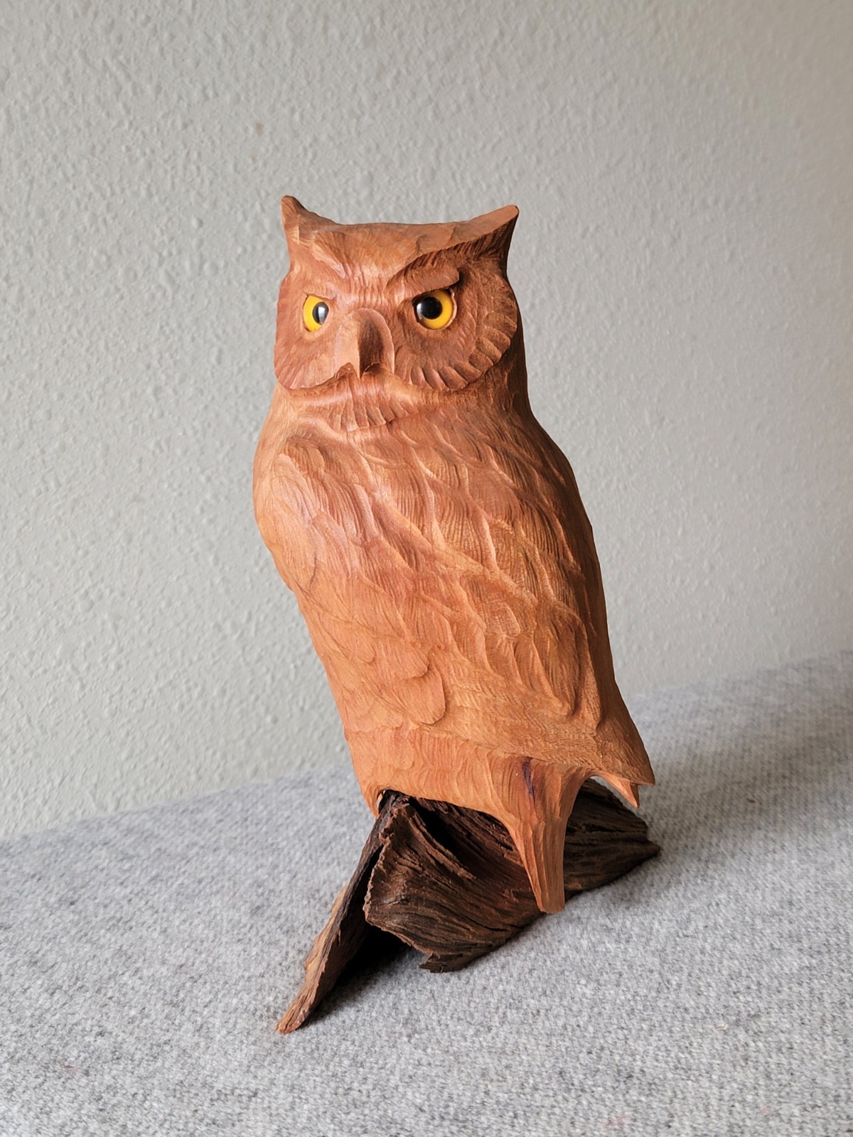 VTG 1989 Artist Carved Wood OWL on Driftwood SCULPTURE by Klingbeil (WI) 8.5″